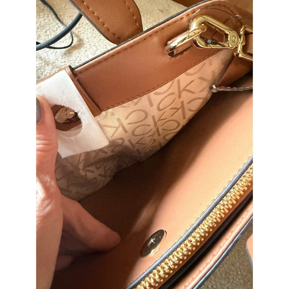 Calvin Klein Monogram Satchel Brown Cognac Logo Dome Crossbody Bag
